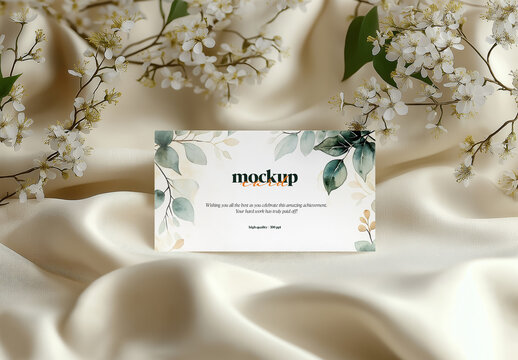 Floral Wedding Business Card Mockup &ndash; Elegant Card Display on Satin Fabric with White Blossoms for Romantic Branding or Event Stationery Design