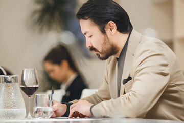 Sommelier In Training at Wine Course. Lecture and Examination for get Worldwide Certification. Wine school, winemaking lecture.