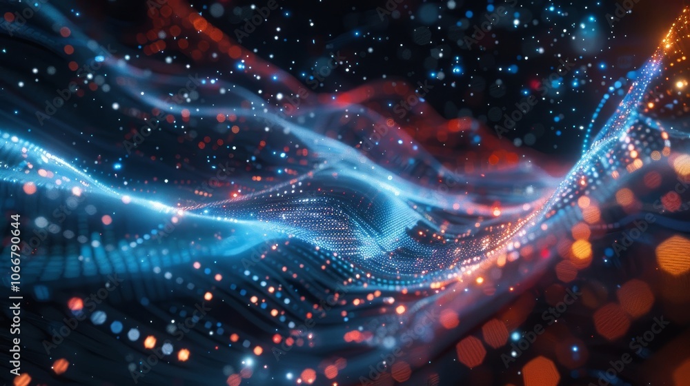 Poster digital particles are flowing and glowing in a futuristic cyberspace, creating a mesmerizing visual 