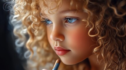 Obraz premium Portrait of a young girl with curly hair in high realism with copy space