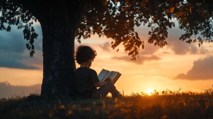 Back view of a child boy reading a book under tree wood background. Boy relaxing in forest camp in summer vacation. Outdoors camping in childhood. Fresh air, beauty of nature. Sunset light