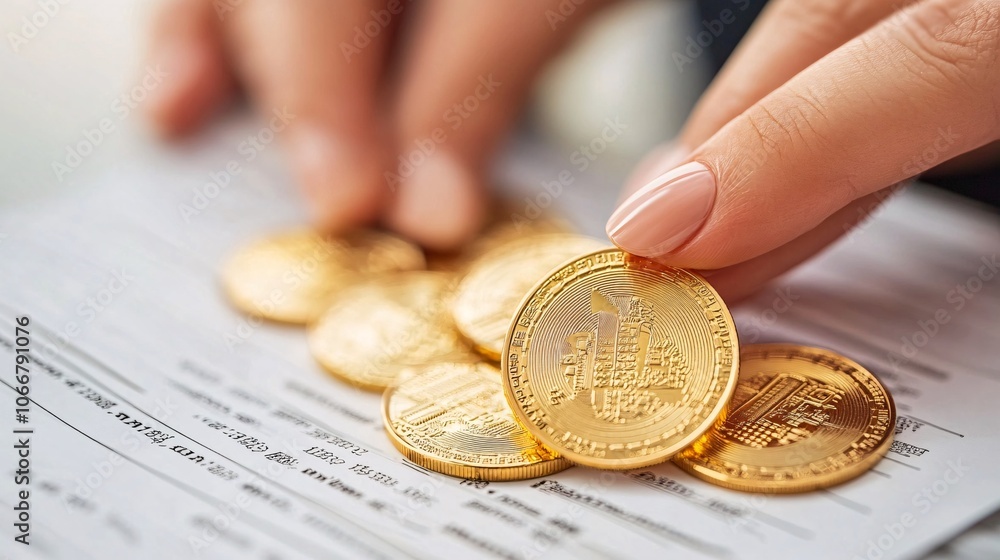 Poster Close-up of hands holding stock certificates and coins, symbolizing ownership and investment with side empty space for text