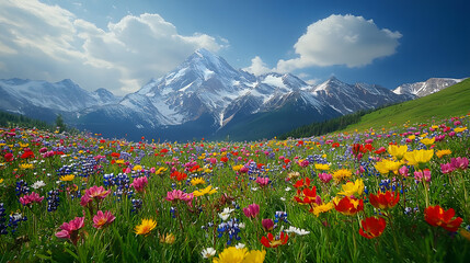 Fototapeta premium A breathtaking photography capturing the snow-capped peaks of the Rocky Mountains under a bright blue sky, with lush green meadows below dotted with wildflowers blooming in vibrant colors.