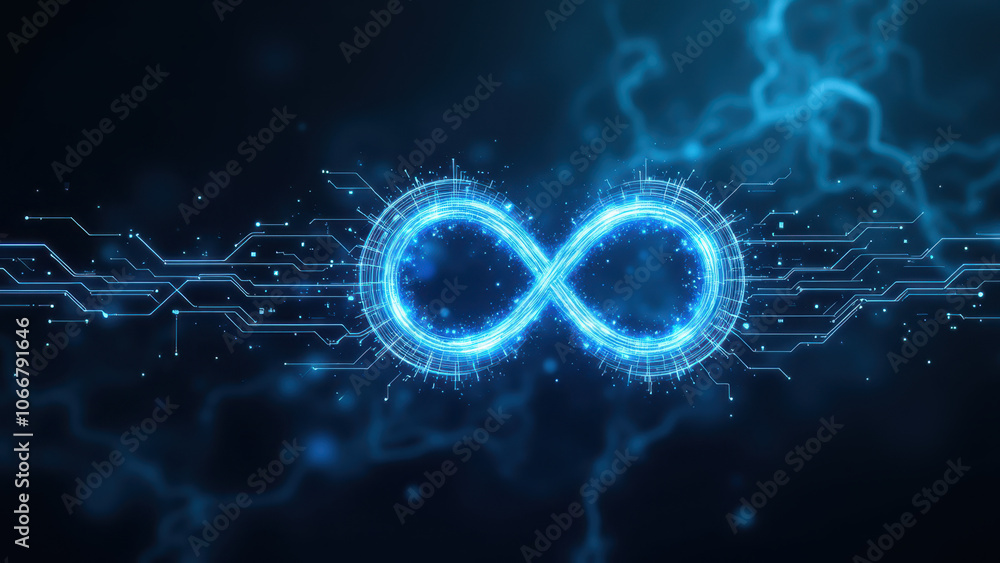 Aufkleber futuristic digital ci/cd loop sign with glowing blue and white elements on a network grid background