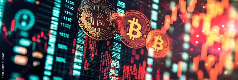 Poster wide view of a laptop screen with futuristic financial analytics and cryptocurrency symbols, represe