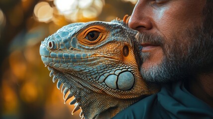Colorful iguana on shoulder in natural light, close-up of pet reptile with intricate skin texture, exotic animal, outdoors, nature, wildlife, lizard, scaly