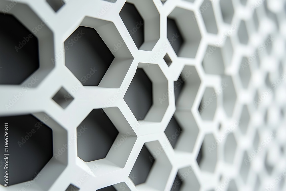 Poster close-up view of an intricate hexagonal pattern on a white surface showcasing modern design and arch
