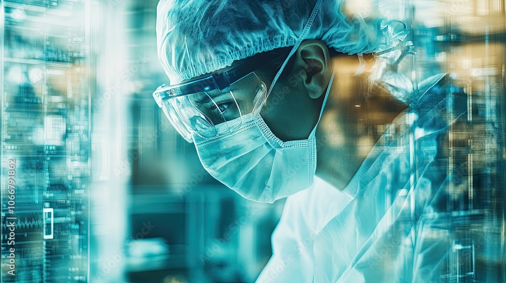 Poster a scientist in protective gear works in a lab. the photo depicts the importance of science and innov