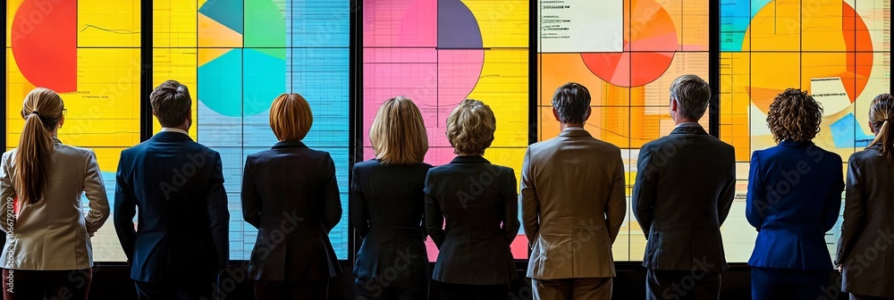 Poster Business professionals analyzing market projections on multiple screens, showcasing investment opportunities and digital finance integration with empty space for text