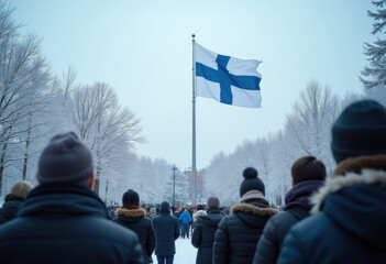 People gather in a snowy park to honor the Finnish flag, reflecting a sense of unity and national pride among the crowd