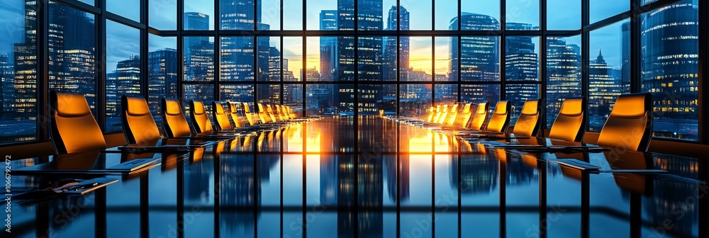 Poster executives in a sleek boardroom with screens showing financial projections and investment growth, sy