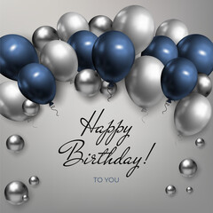 A 3D corporate birthday banner with balloons and silver balls in blue tones. For advertisements, greeting cards, or web banners, featuring a modern, festive design. Not AI.