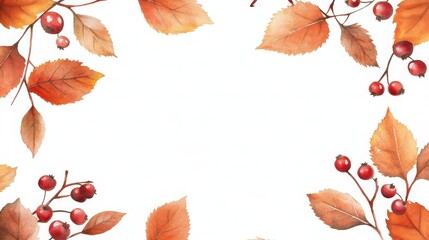 Fototapeta premium A beautifully designed autumn-themed frame featuring orange leaves and red berries against a white background.