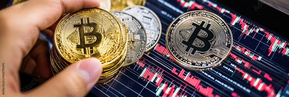 Poster close-up of hands on a tablet showing global financial trends and cryptocurrency values, symbolizing