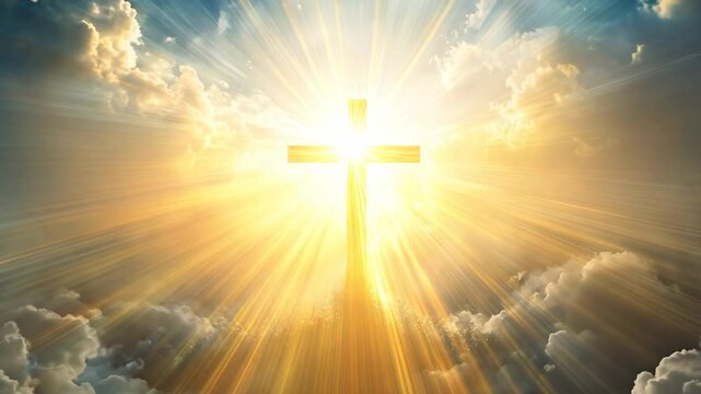 Cross in heavenly scene, light shining down symbolizing resurrection