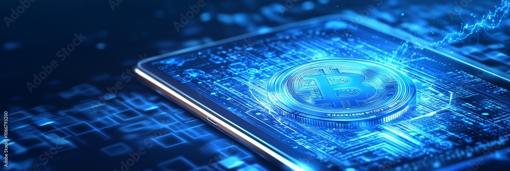 Poster close-up of futuristic cryptocurrency symbols and financial growth charts on a tablet, illustrating 