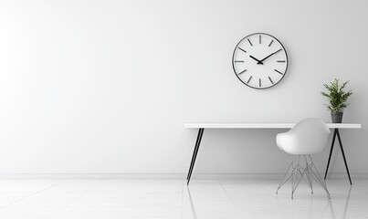 Modern white office interior with a minimalist desk and chair on an empty wall background, a mockup for a work space design or business concept