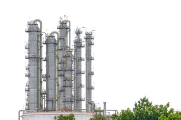 Fuel oil petroleum building distillation columns tower isolated on white background with clipping path.