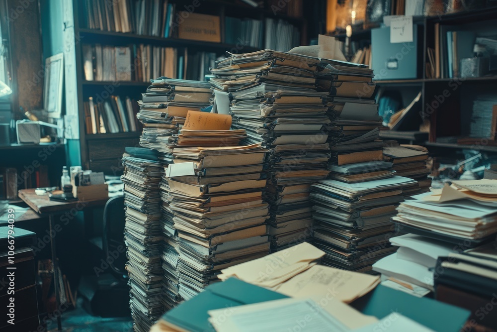 Poster a large pile of documents and files in an office. this image is perfect for illustrating concepts li