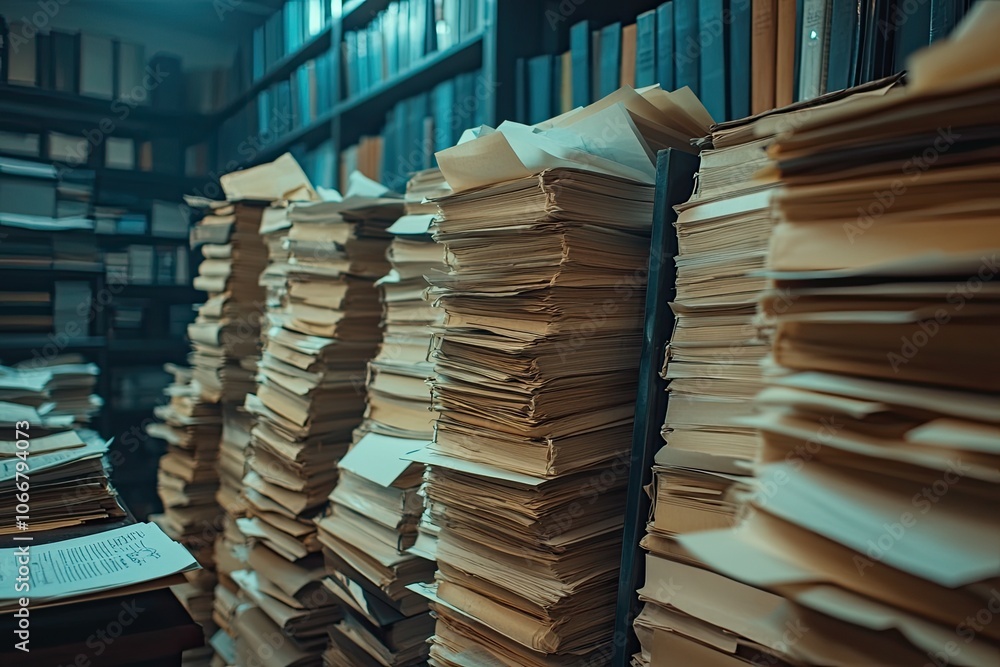 Aufkleber stacks of paper fill a shelf in a library. this image represents the massive amount of information s
