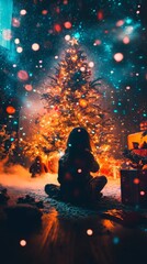 A Silhouette of a Child Watching the Beautifully Lit Christmas Tree