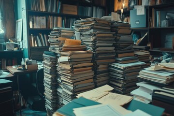 Obraz premium A large pile of documents and files in an office. This image is perfect for illustrating concepts like bureaucracy, paperwork, or information overload.