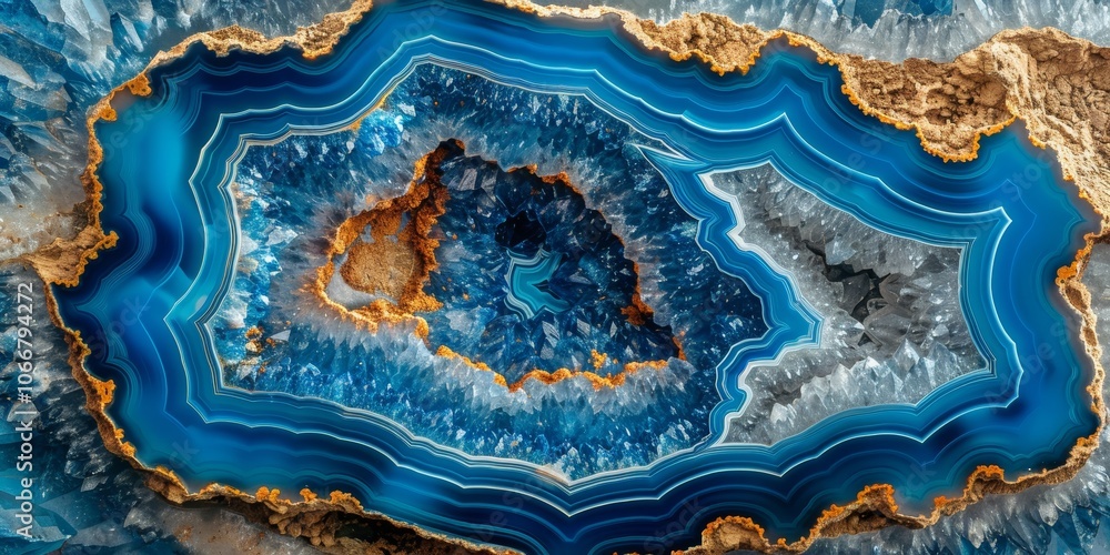 Poster exploring the fascinating patterns and vibrant colors of a blue agate stone with intricate layers an