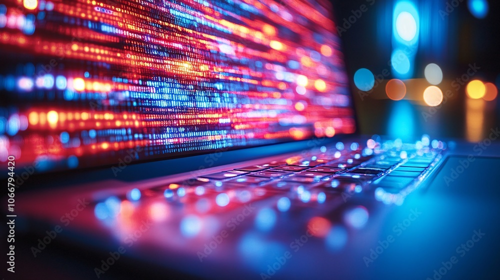 Poster Close-up of a laptop screen showing blockchain networks and cryptocurrency values, illustrating digital finance and technological advancement in modern investments with empty space for text