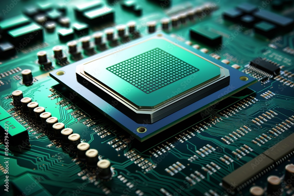 Poster close-up view of a green microprocessor on a circuit board with intricate patterns and connections