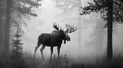 Moose in a foggy forest. Moose vector illustration.