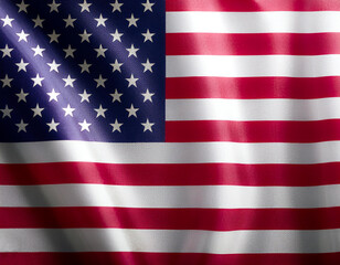 Fototapeta premium United States of America flag waving in the wind. Close up of United States of America banner blowing, soft and smooth silk. Cloth fabric texture ensign background.