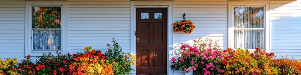 Sunlit vintage photo of white house with chocolate door and porch flowers.