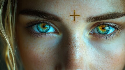 Woman’s forehead with cross symbol, intense blue eyes, spirituality and faith, deep gaze, spiritual concept, belief, inner peace, close-up portrait, symbolic
