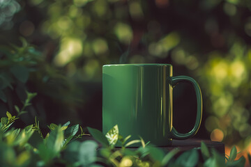Obraz premium A vibrant green mug sits among fresh foliage, exuding a tranquil and refreshing vibe perfect for a cozy outdoor retreat.