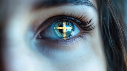Fototapeta premium Close-up of blue eye reflecting cross symbol, spiritual meaning, faith concept, inner peace, belief, Christian symbolism, religion, hope, detailed vision