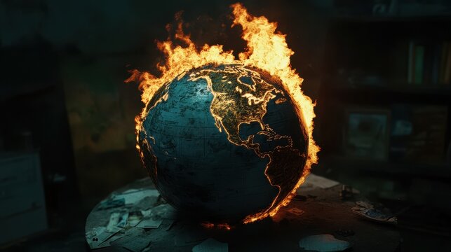 Burning globe against a pure black background. 