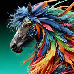 Horse with colorful hair and feathers