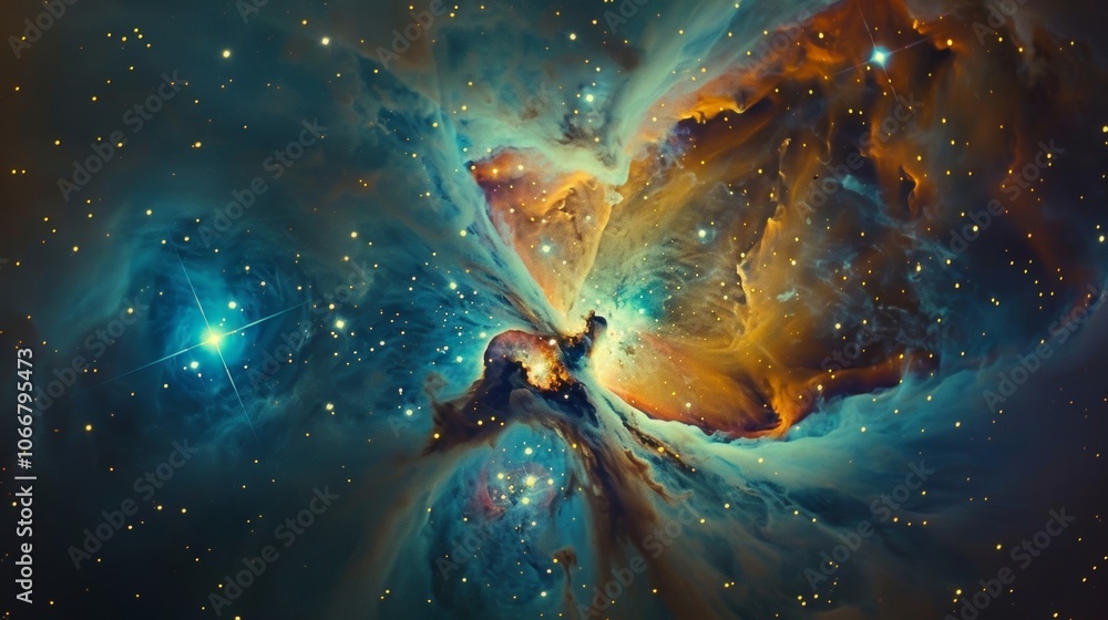 Poster bright orion nebula swirls with colorful gas and dust in space, creating a mesmerizing cosmic landsc