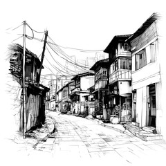 Fototapeta premium Street with houses and road in black and white color sketch png on transparent white background. Street landscape in ink.