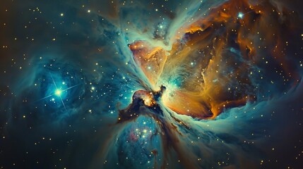 Bright orion nebula swirls with colorful gas and dust in space, creating a mesmerizing cosmic landscape. Explore the universe's wonders with this stunning image