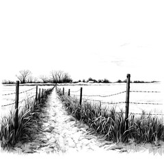Black and white outline drawing of meadow landscape with ink or simple pencil on transparent white background png. Field with grass sketch. Sketch of a rural area.