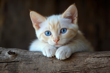 A small white kitten with blue eyes laying on a log