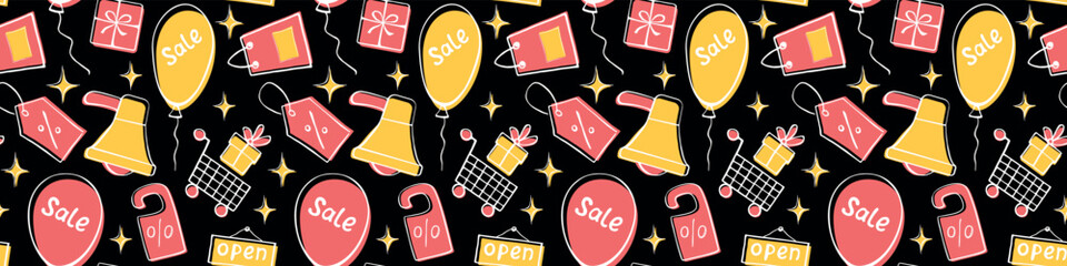 Simple vector seamless pattern related to shopping, black friday, promotions and sales. Endless background for gift paper, decoration, prints