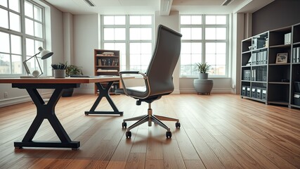 Aerial View of Light Wooden Table with Blurred Office Background for Product Presentation