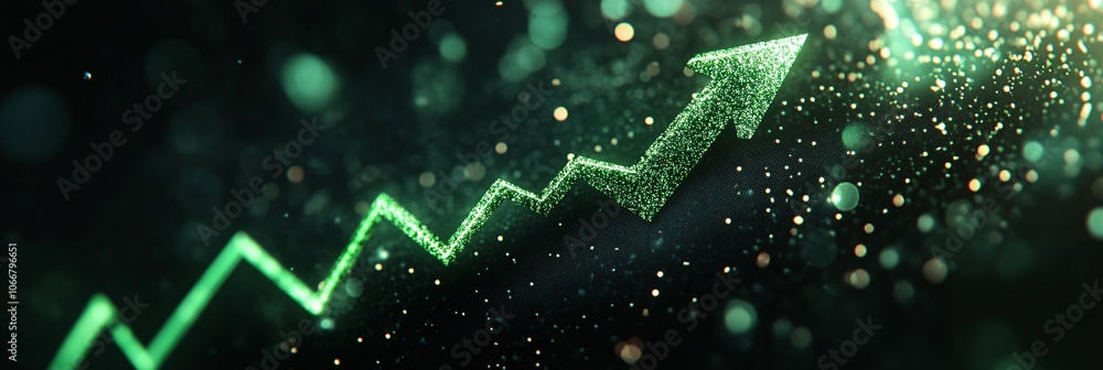 Poster financial chart with bright green upward arrow on a sleek black background symbolizing business grow
