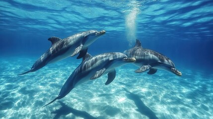Fototapeta premium Three dolphins swim in the ocean. Perfect for nature, animal, and marine life websites, presentations, and social media.