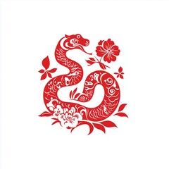 Obraz premium The zodiac sign is a snake carved from red paper on a white background.