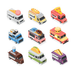 Isometric food trucks. Fast food and drinks truck for market or street fair. Ice cream burger pizza sushi taco and coffee sale, flawless vector elements