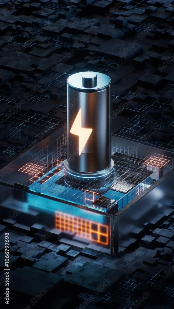 Poster battery with technological circuit background, 3d rendering.