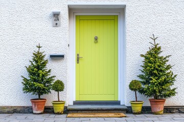 Fototapeta premium Chic exterior with a lime door and symmetrical potted spruces for a modern look.